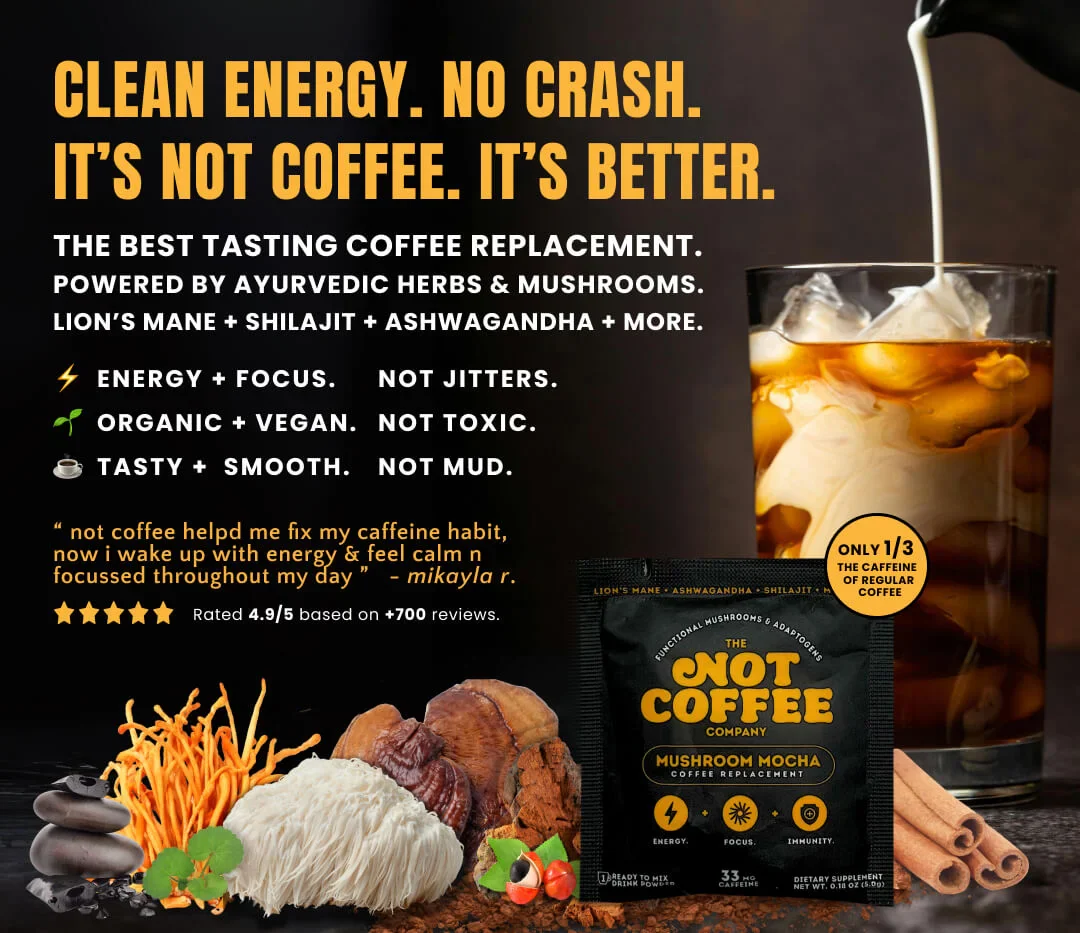 NOT COFFEE is a powerhouse of wellness. Packed with 16 organic mushrooms, herbs, and adaptogens, and 85+ minerals, it was created to boost your energy, focus, and immunity without the nasty side effects of regular coffee.